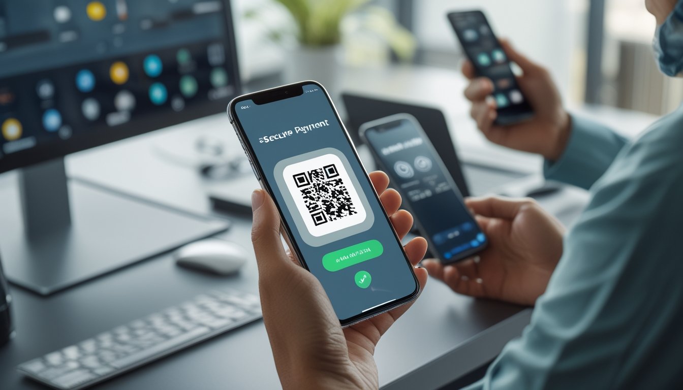 Seseorang menggunakan ponsel untuk melakukan pembayaran digital melalui QR dan dompet elektronik.