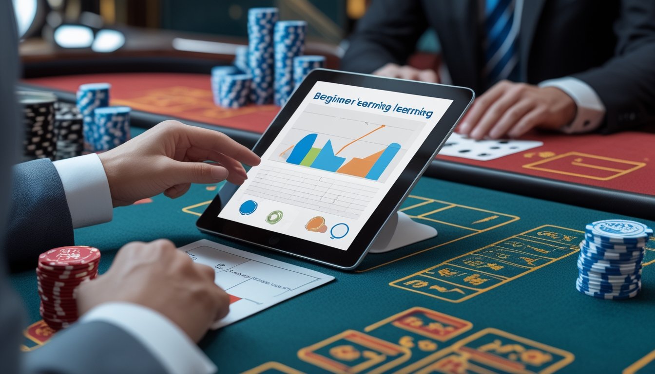 Pemula mengamati meja baccarat langsung sambil mempelajari pola tren pada tablet dan lembar analisis.
