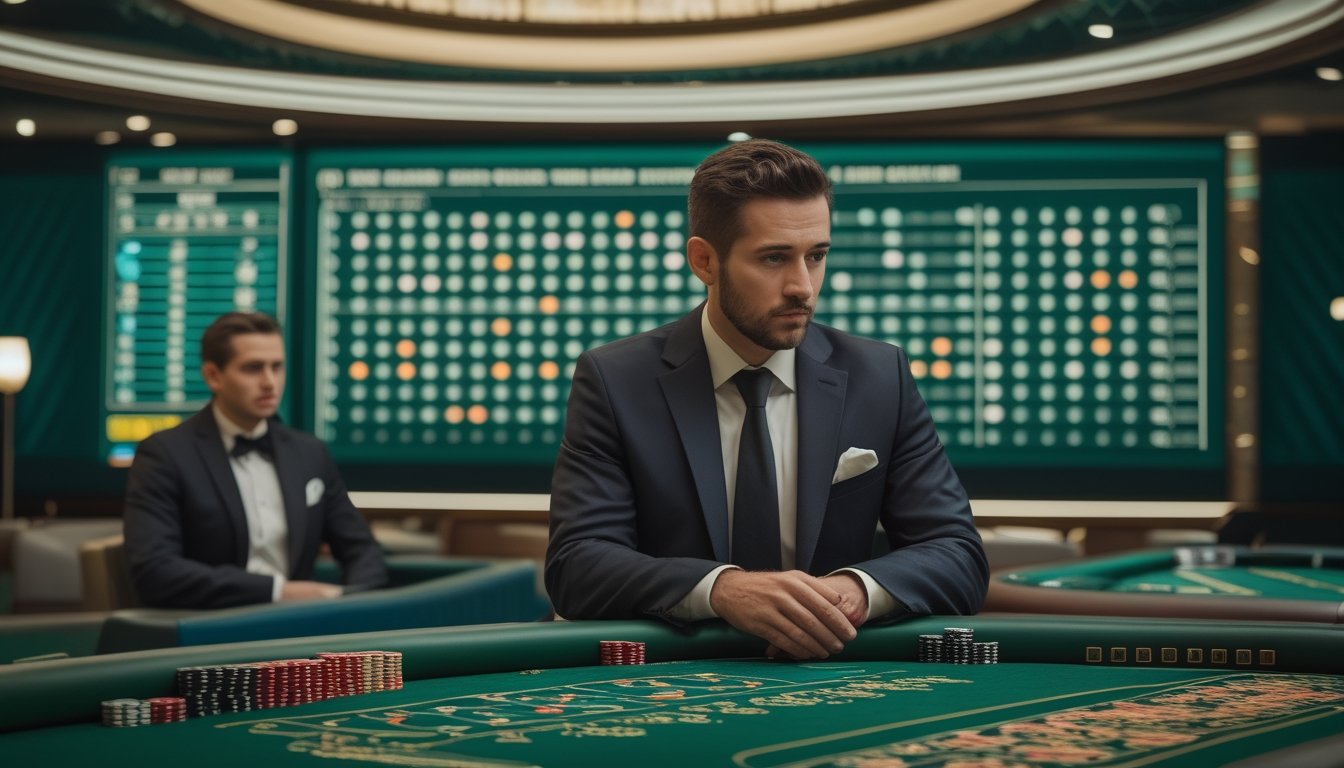 Seorang pemula mengamati riwayat hasil pada meja baccarat bersama dealer di lingkungan kasino.
