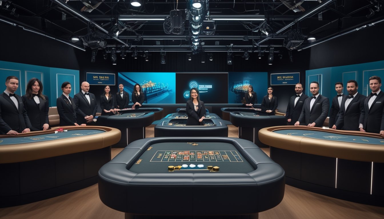 Studio kasino modern dengan dealer profesional, meja roulette, kartu, dan chip kasino.