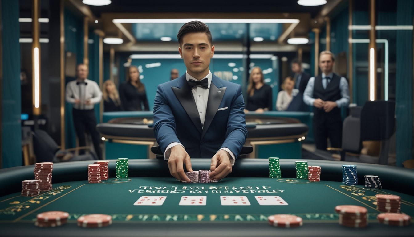Dealer profesional memandu permainan kartu di studio kasino live modern dengan peralatan siaran dan meja permainan yang tertata rapi.
