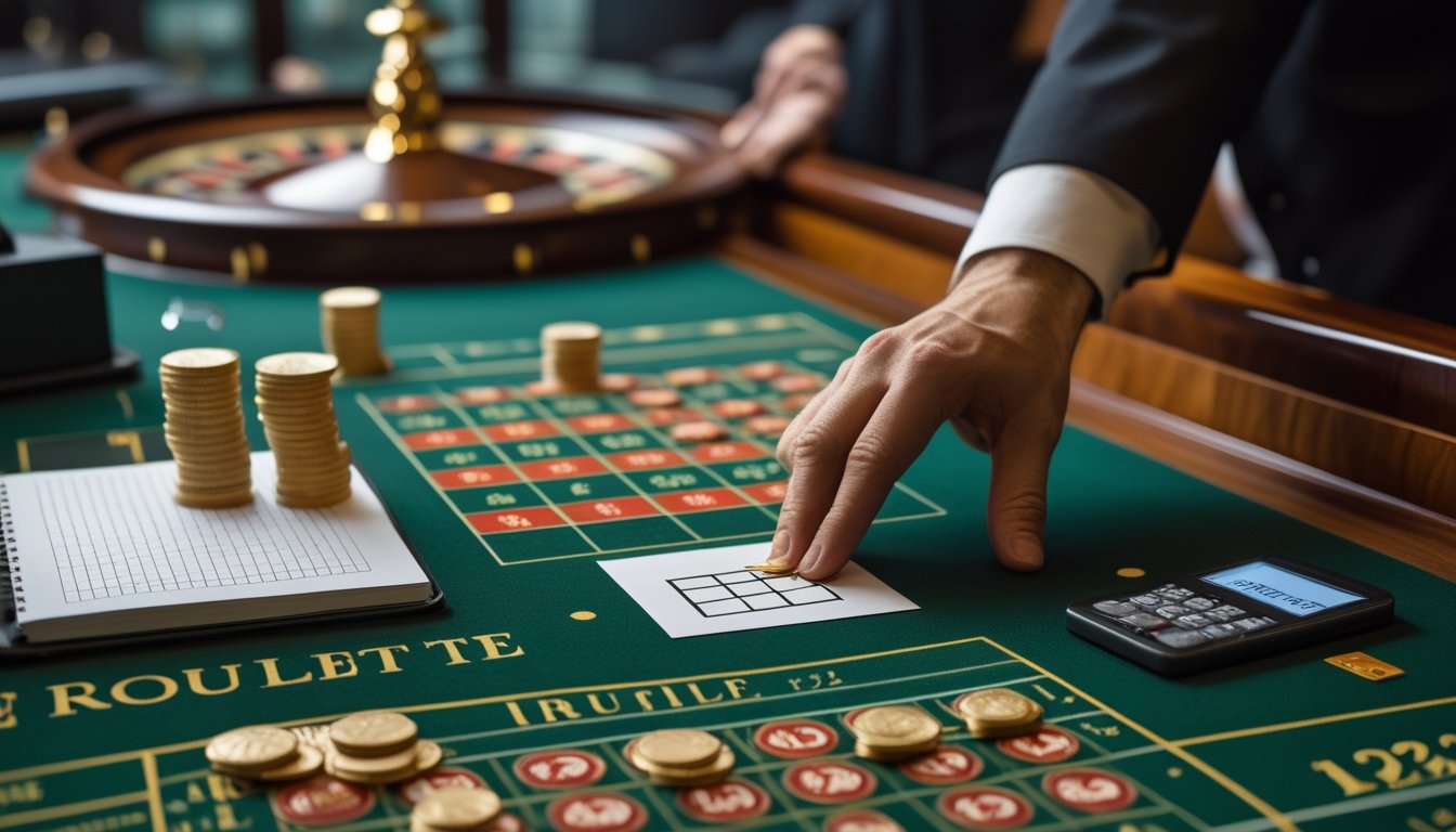 Tangan pemain menempatkan satu chip bernilai kecil di meja roulette dengan roda roulette dan bandar terlihat di latar belakang.