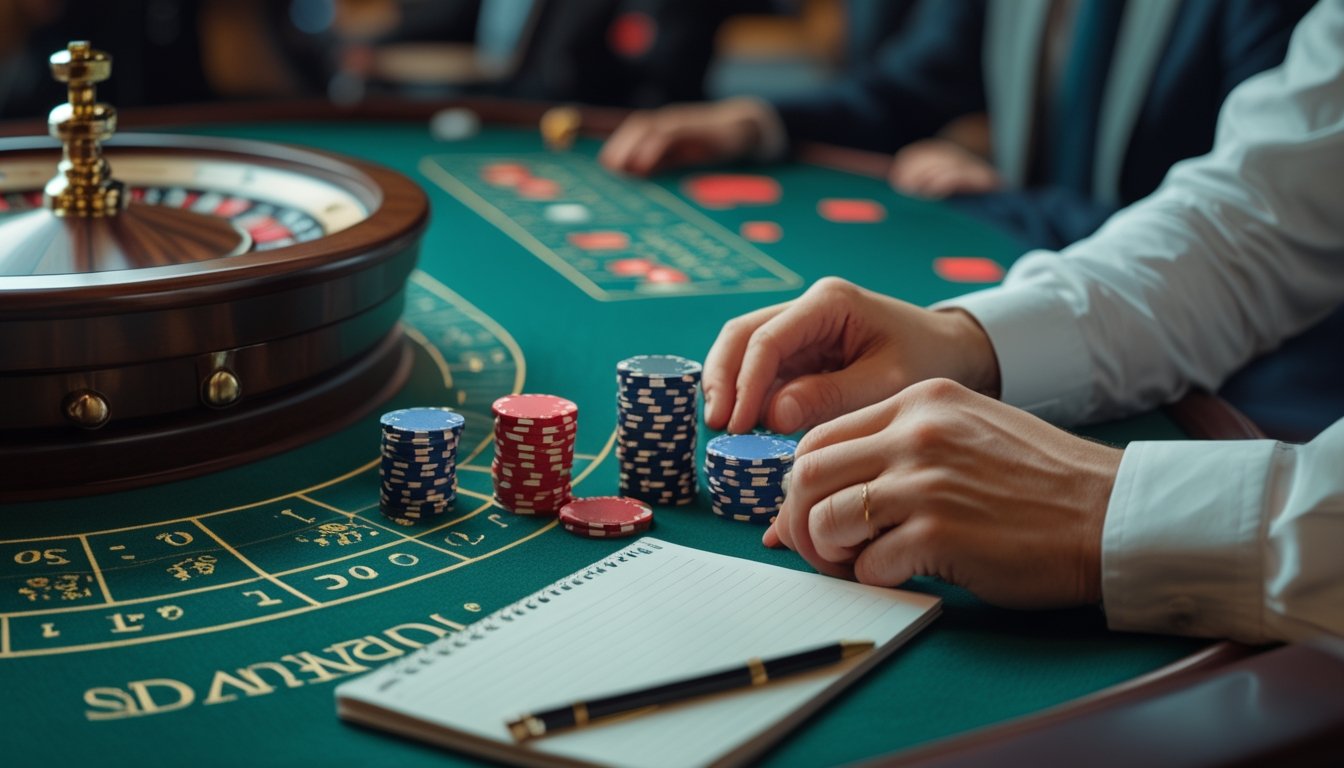 Pemain mengatur tumpukan chip kecil di meja roulette live dengan dealer di latar belakang.