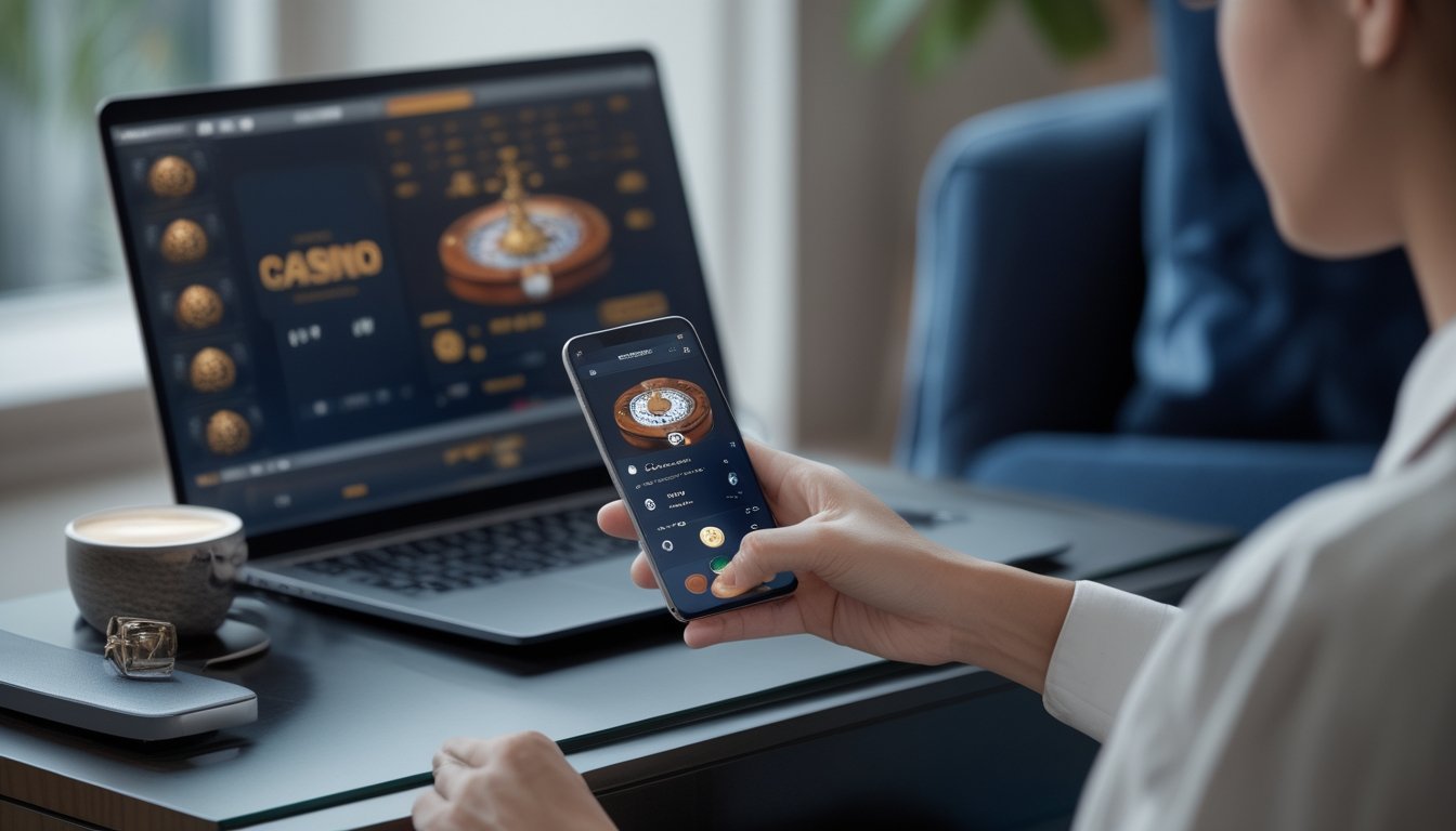 Seseorang menggunakan aplikasi kasino live di ponsel dengan laptop yang menampilkan akses browser di dekatnya.