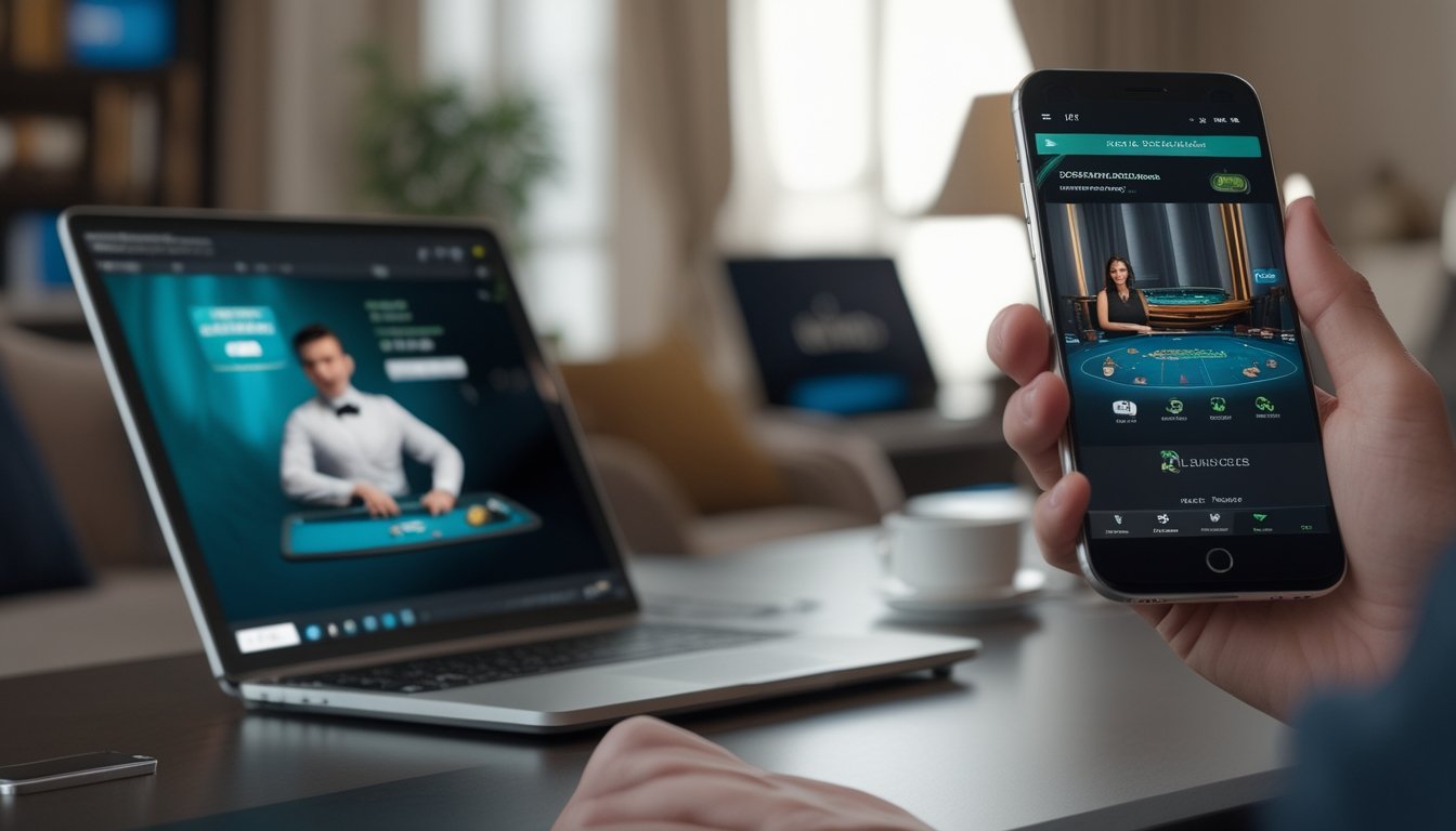 Pengguna menikmati permainan kasino live melalui ponsel, sementara laptop terlihat di latar belakang.