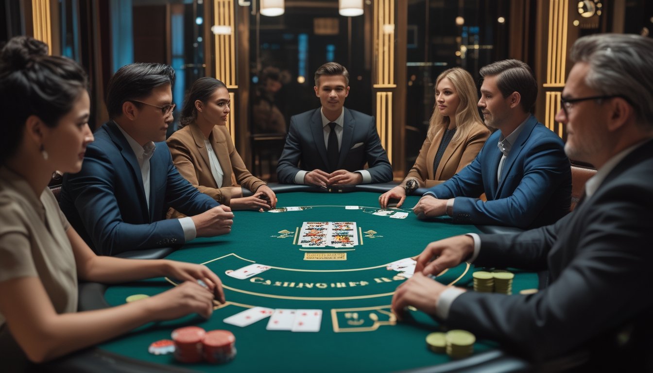 Pemain dewasa mengikuti permainan poker langsung di meja kasino bersama seorang dealer.