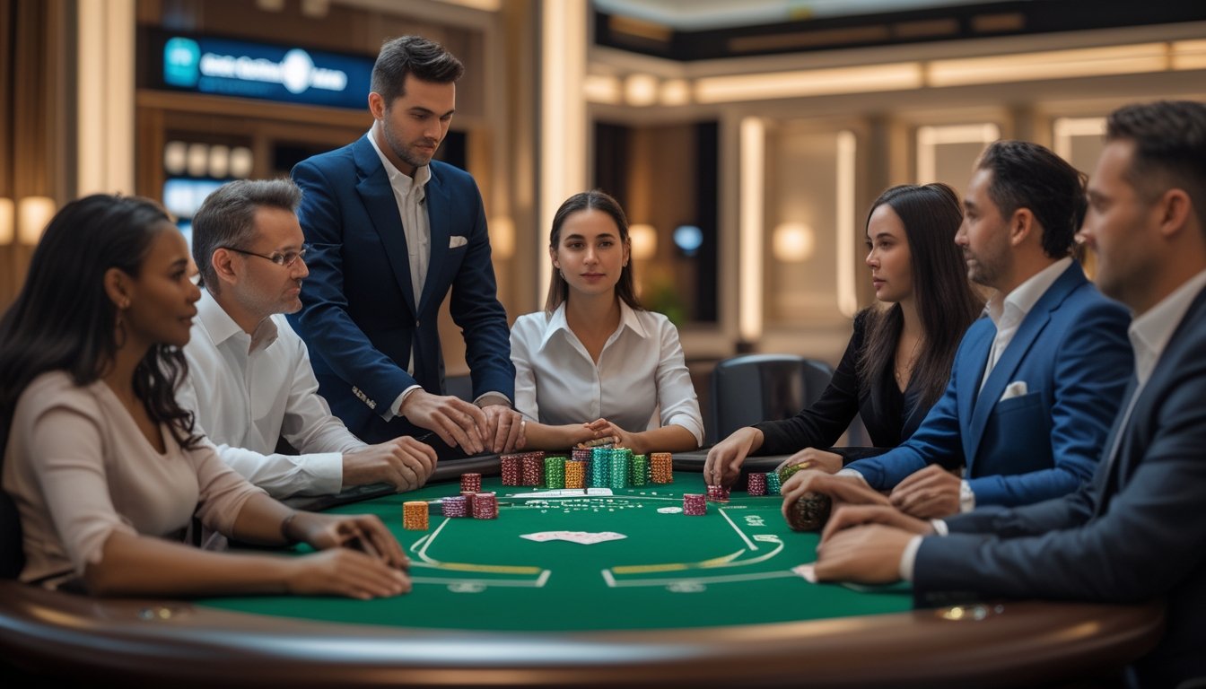 Pemain dan dealer duduk mengelilingi meja poker kasino dengan kartu dan keping taruhan.