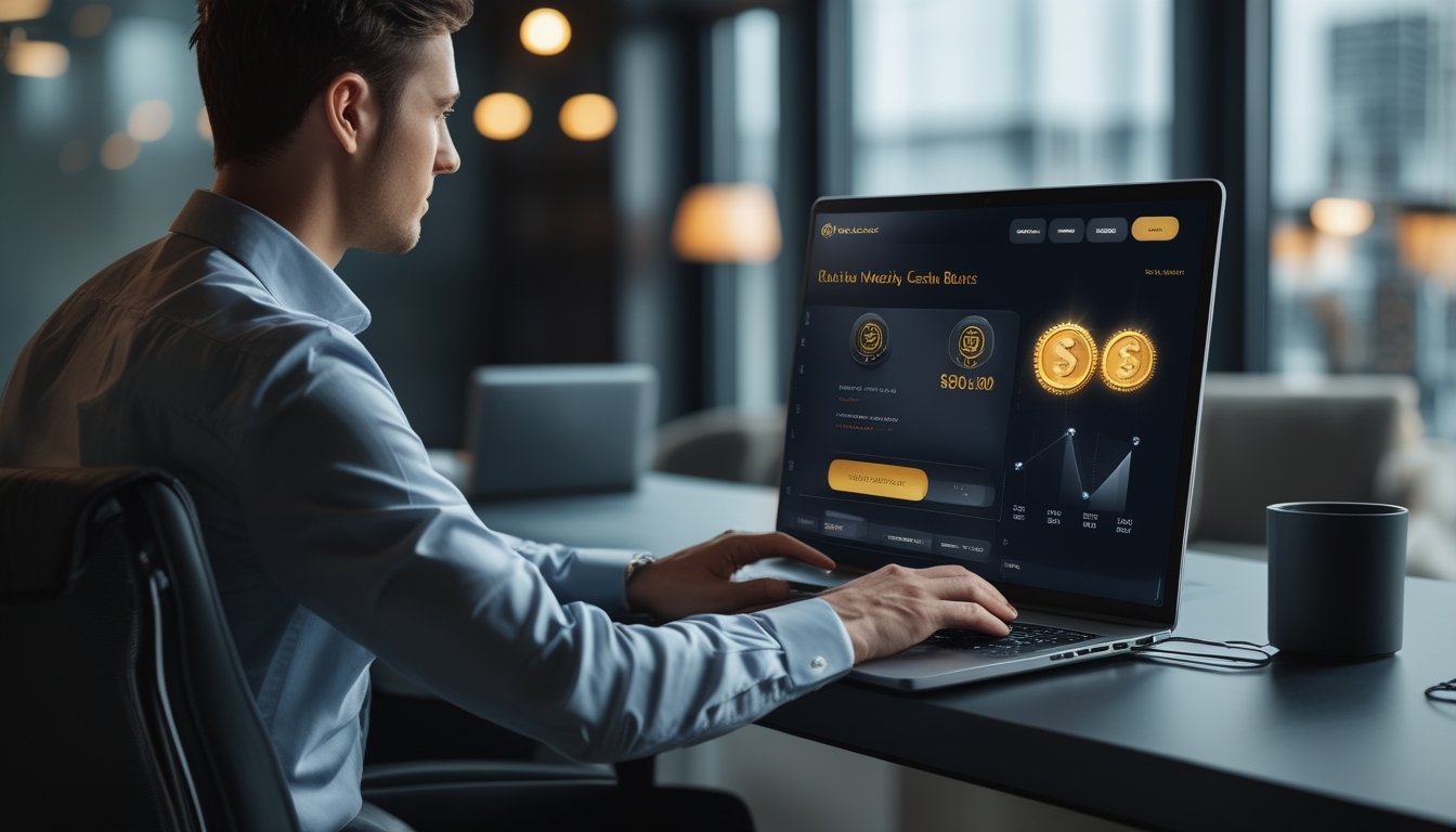 Seseorang menggunakan laptop dengan tampilan hadiah cashback digital di ruang modern.