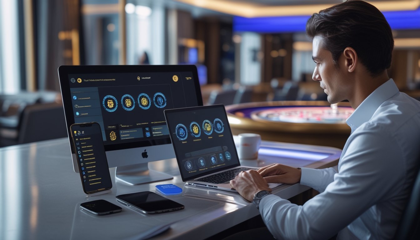 Seorang pengguna meninjau dasbor hadiah mingguan di laptop dan ponsel dalam suasana kasino modern.