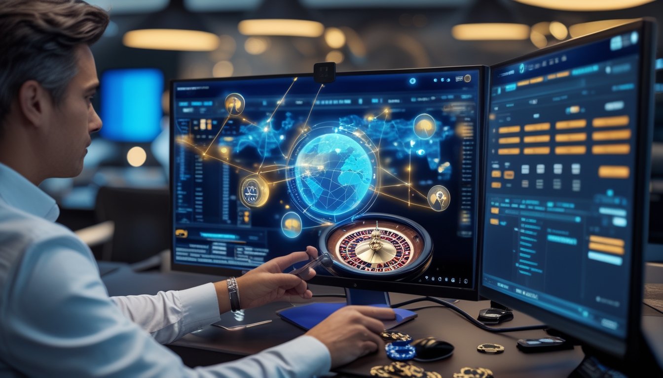 Seorang analis memverifikasi platform kasino live dengan simbol keamanan, dokumen kepatuhan, dan globe digital.
