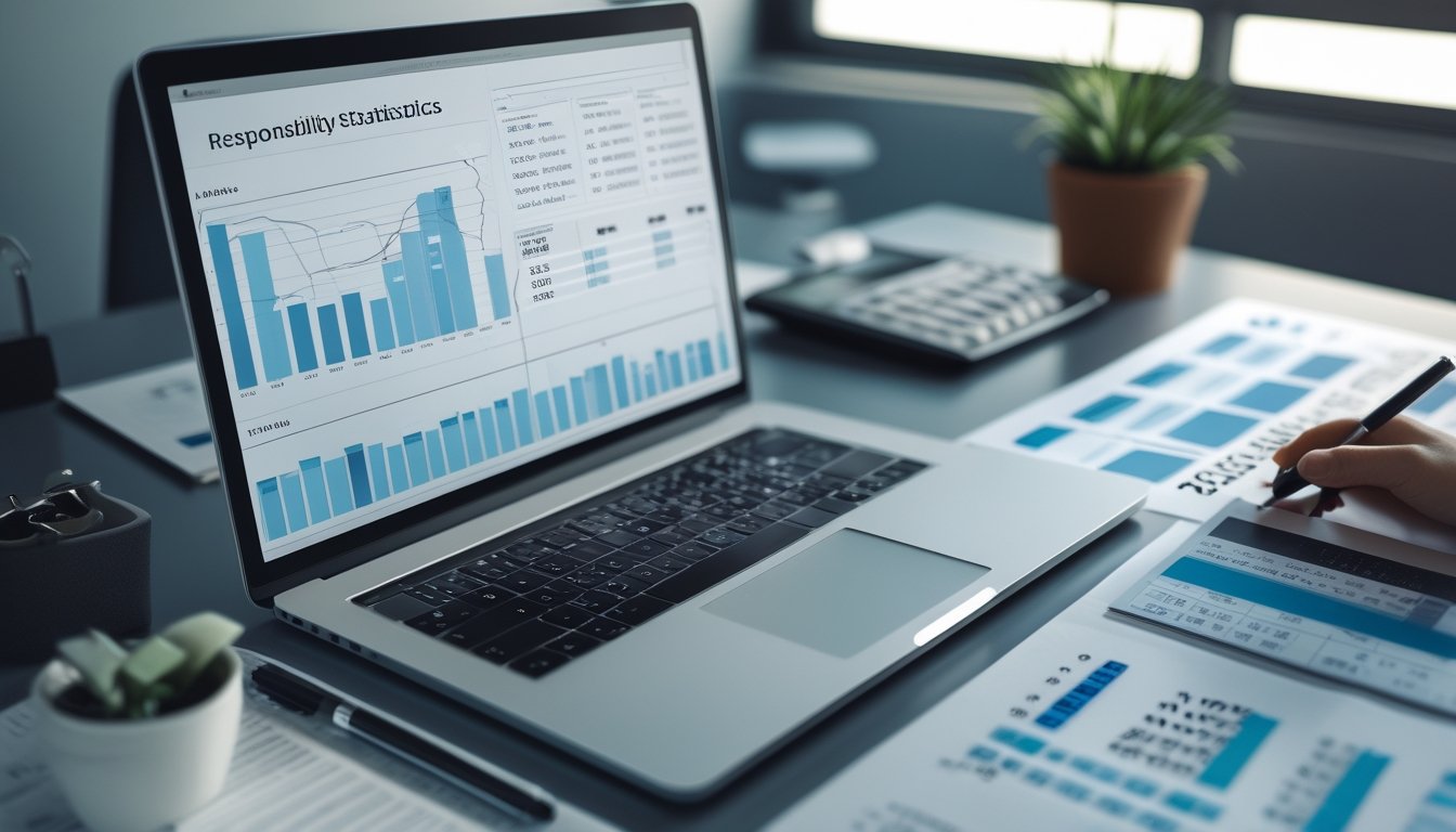 Seorang analis memeriksa grafik statistik dan data angka di meja kerja dengan laptop, kalkulator, serta dokumen.