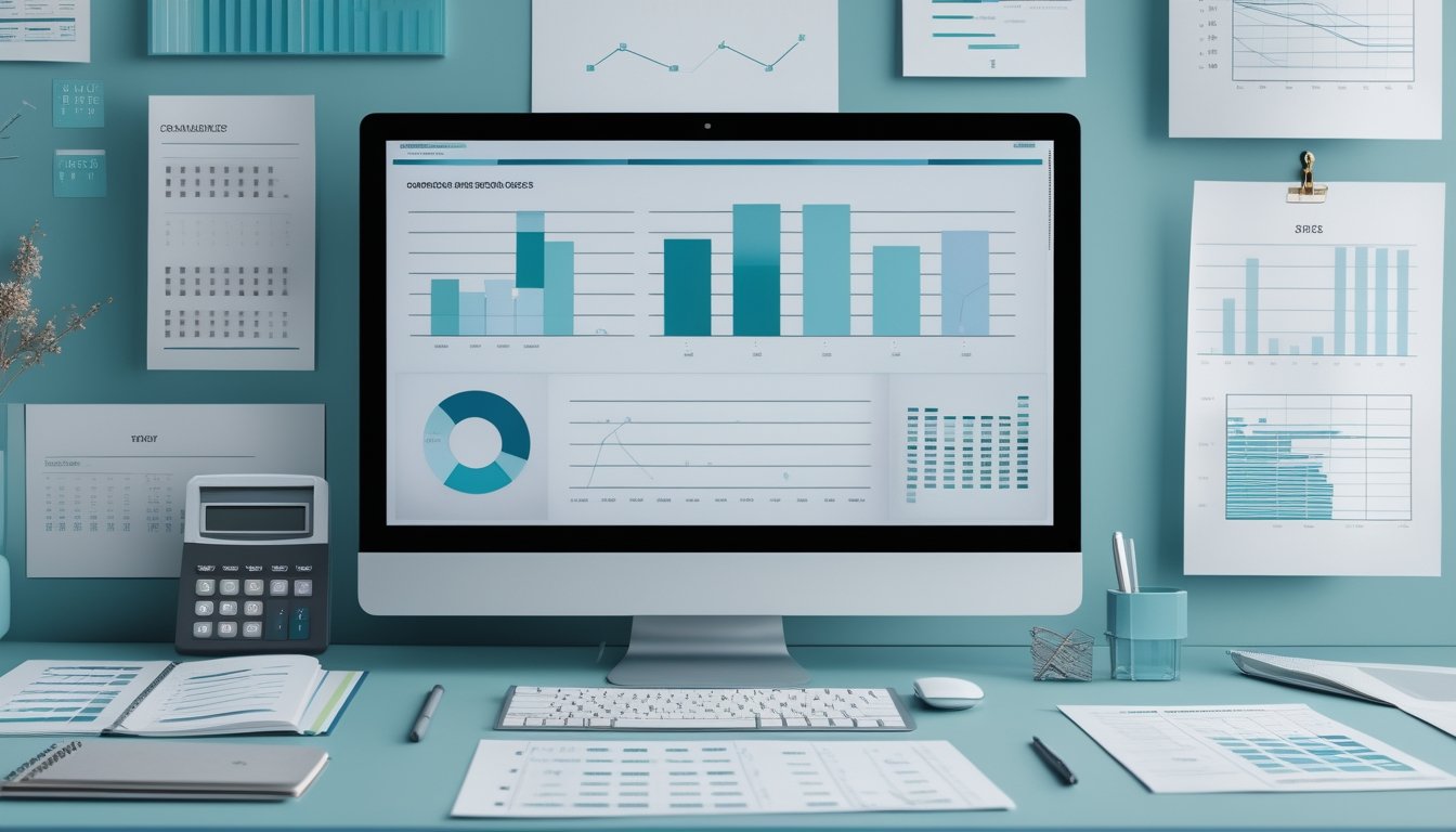 Meja kerja dengan laptop, grafik analisis, kalkulator, dan catatan kosong untuk mengolah data statistik.