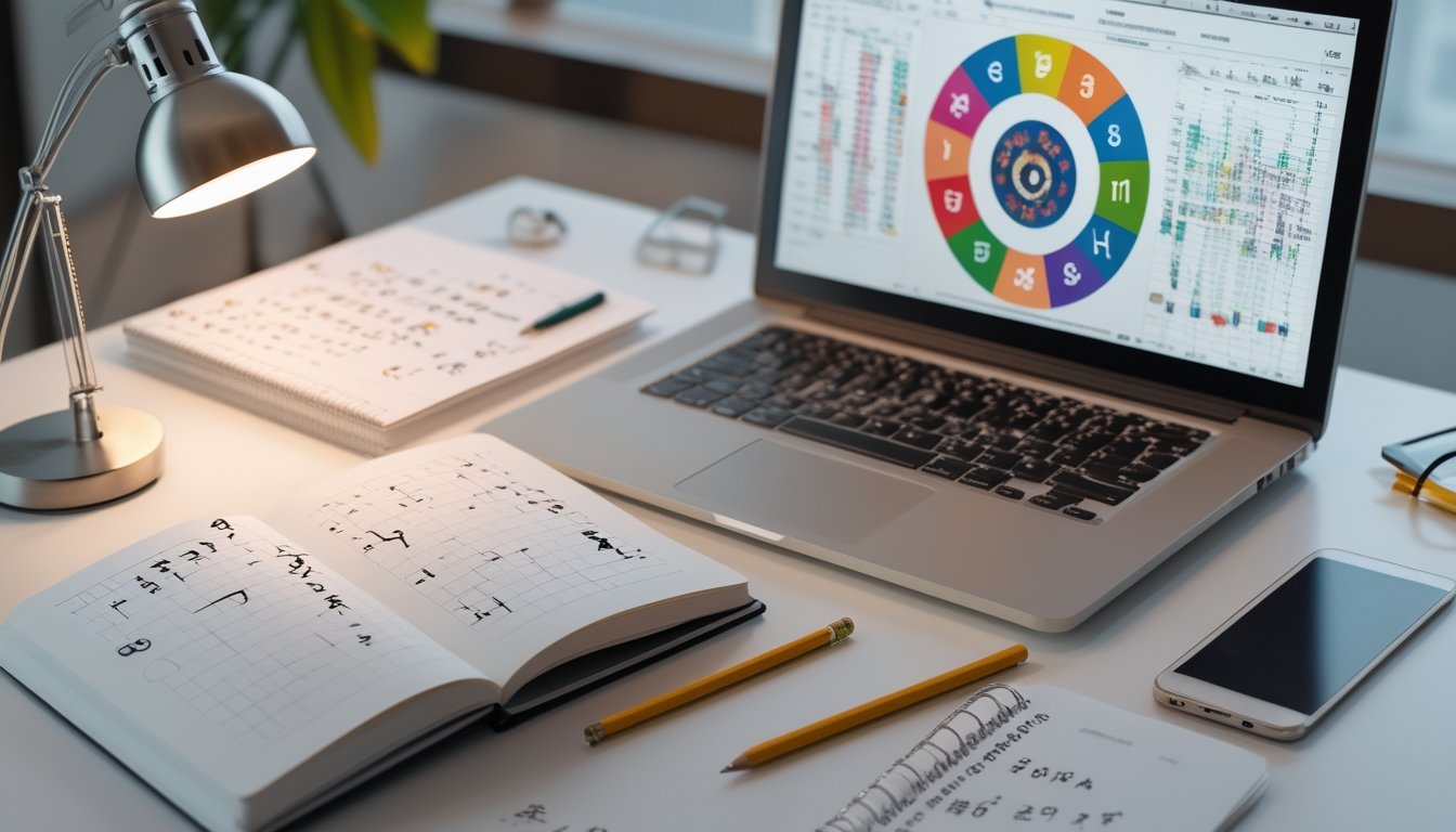 Meja belajar dengan roda zodiak Tionghoa, buku catatan, kalkulator, dan laptop berisi grafik abstrak.