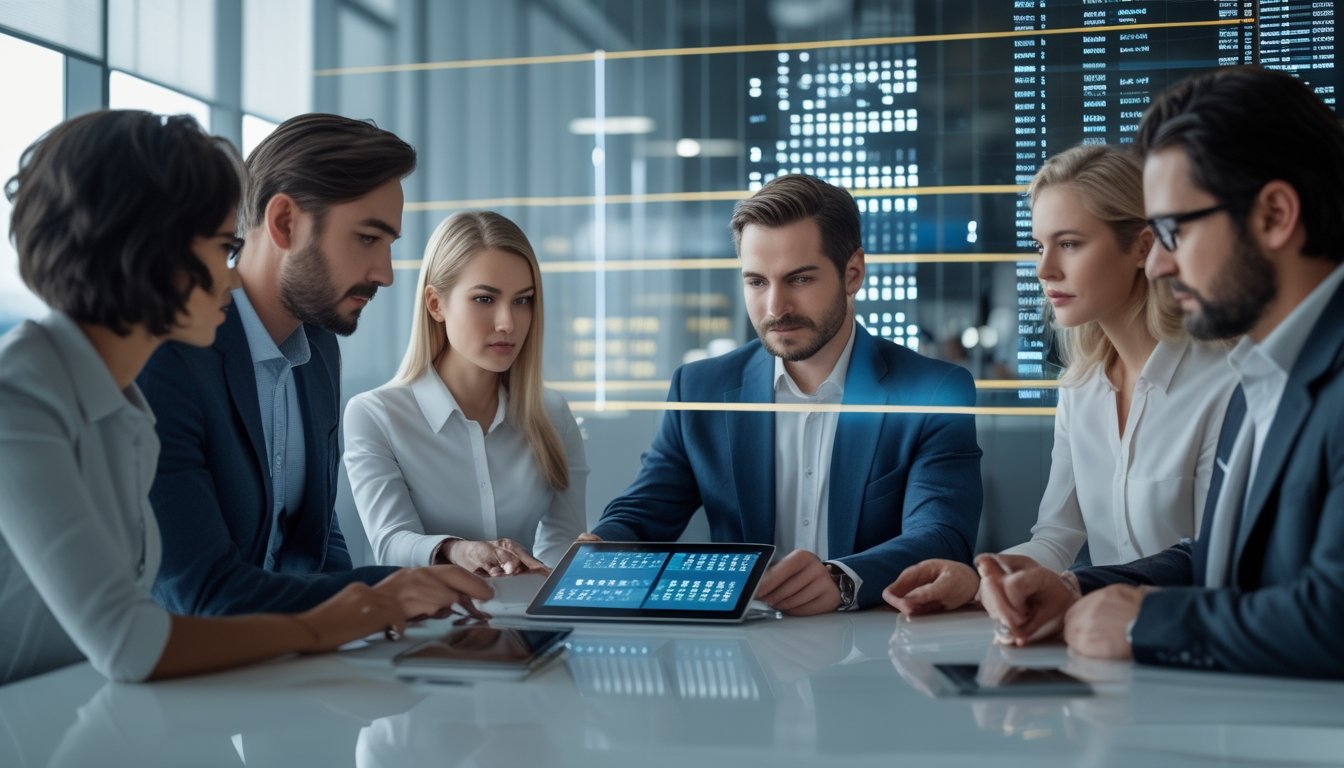 Sekelompok profesional menganalisis kombinasi angka dan grafik data di kantor modern.