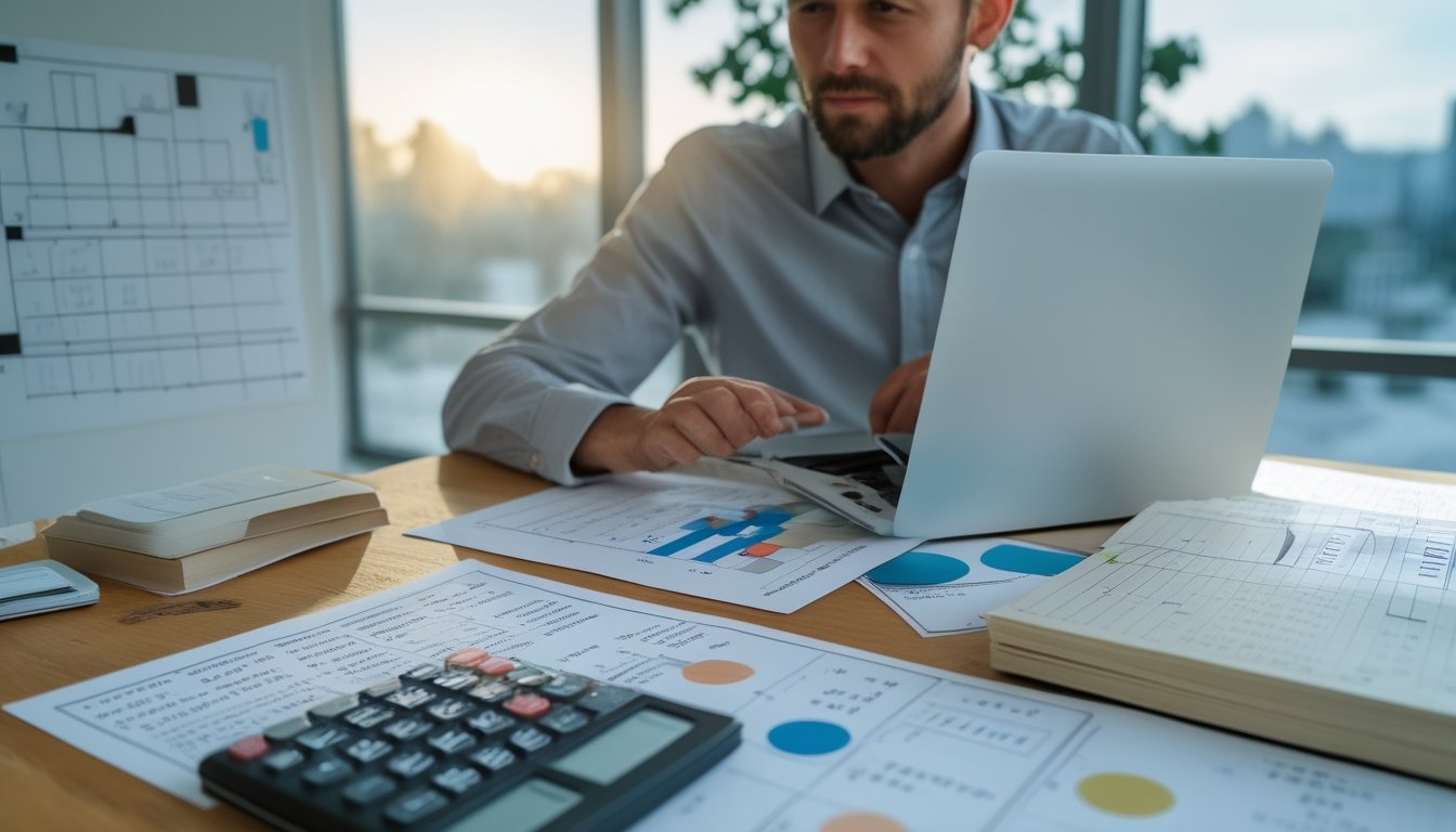 Seorang analis mempelajari pola angka dan grafik abstrak di meja kerja.