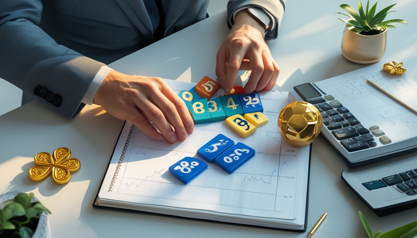 Tangan seorang analis menyusun angka tiga digit dan bola bernomor di atas meja bersama kalkulator serta catatan grafik.