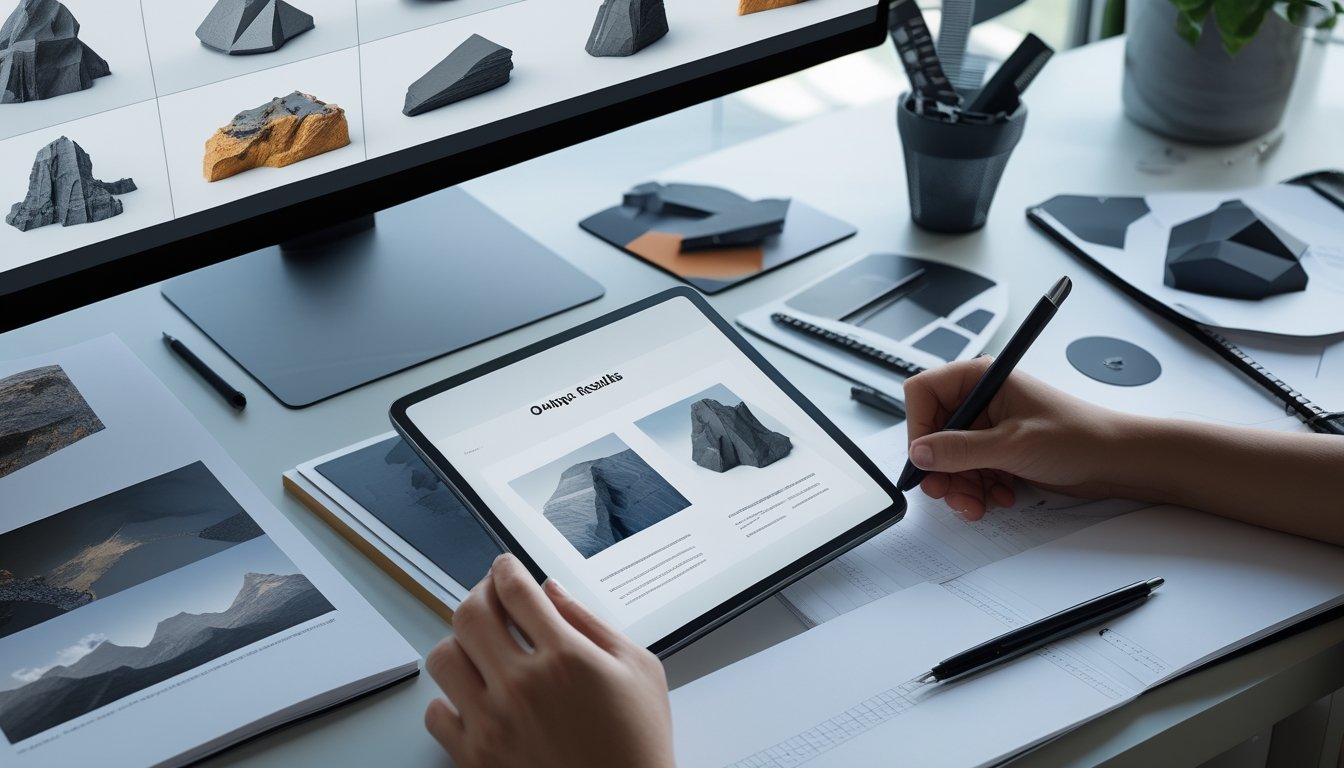 Seorang desainer meninjau beberapa hasil render 3D di meja kerja dengan komputer, tablet, dan contoh gambar.