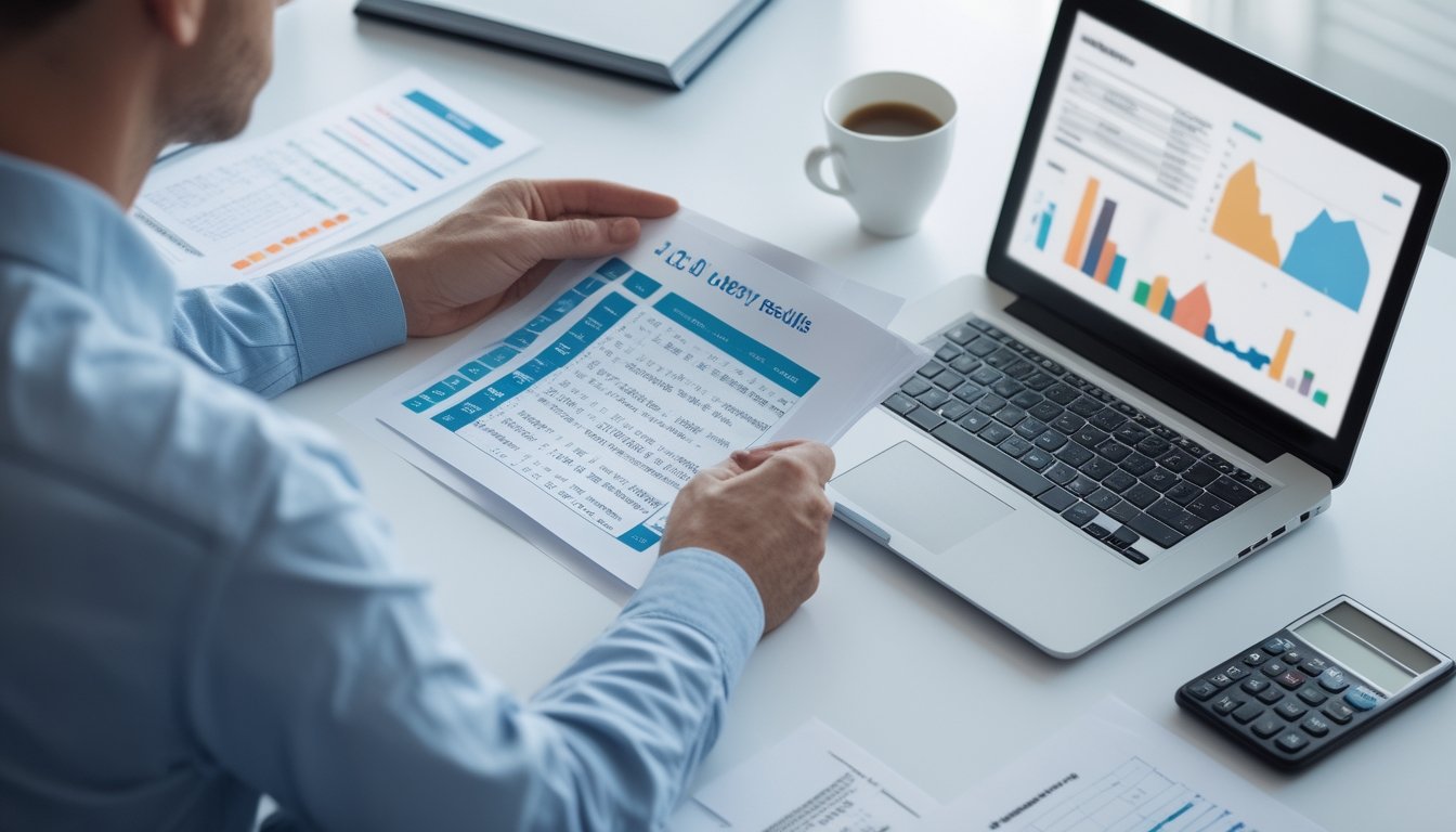 Seorang analis memeriksa lembar data dan grafik hasil 3D sebelumnya di meja kerja.