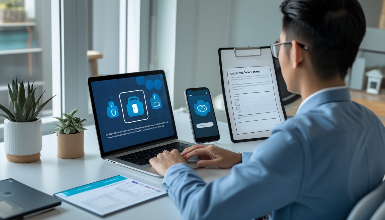 Seorang profesional memeriksa keamanan platform lotre online menggunakan laptop dan ponsel di ruang kerja modern.