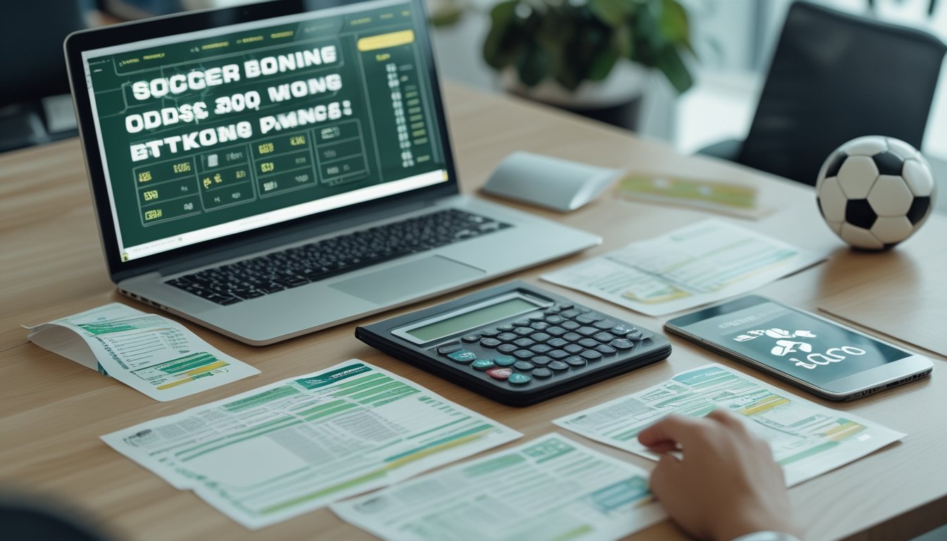 Meja kerja dengan kalkulator, laptop, slip taruhan, dan elemen sepak bola untuk menggambarkan perhitungan bonus taruhan parlay.