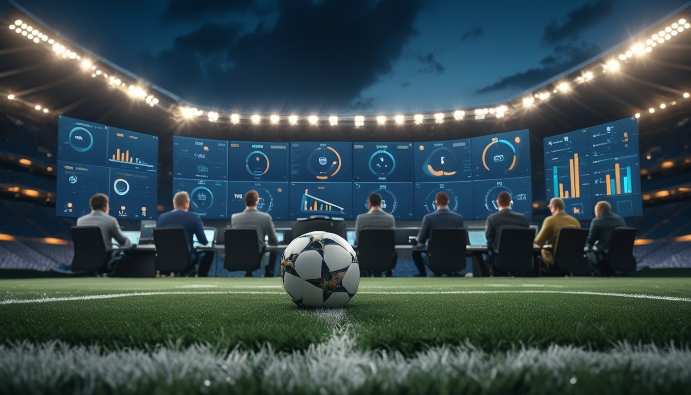 Analis olahraga mempelajari data pertandingan sepak bola di studio dengan stadion yang terang pada malam hari.