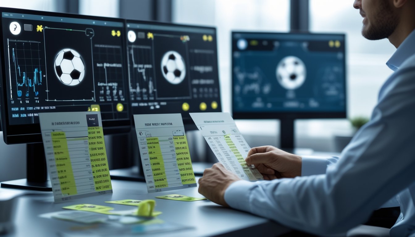 Seorang analis meninjau data tiga pertandingan olahraga dan lembar pilihan taruhan di meja kerja.