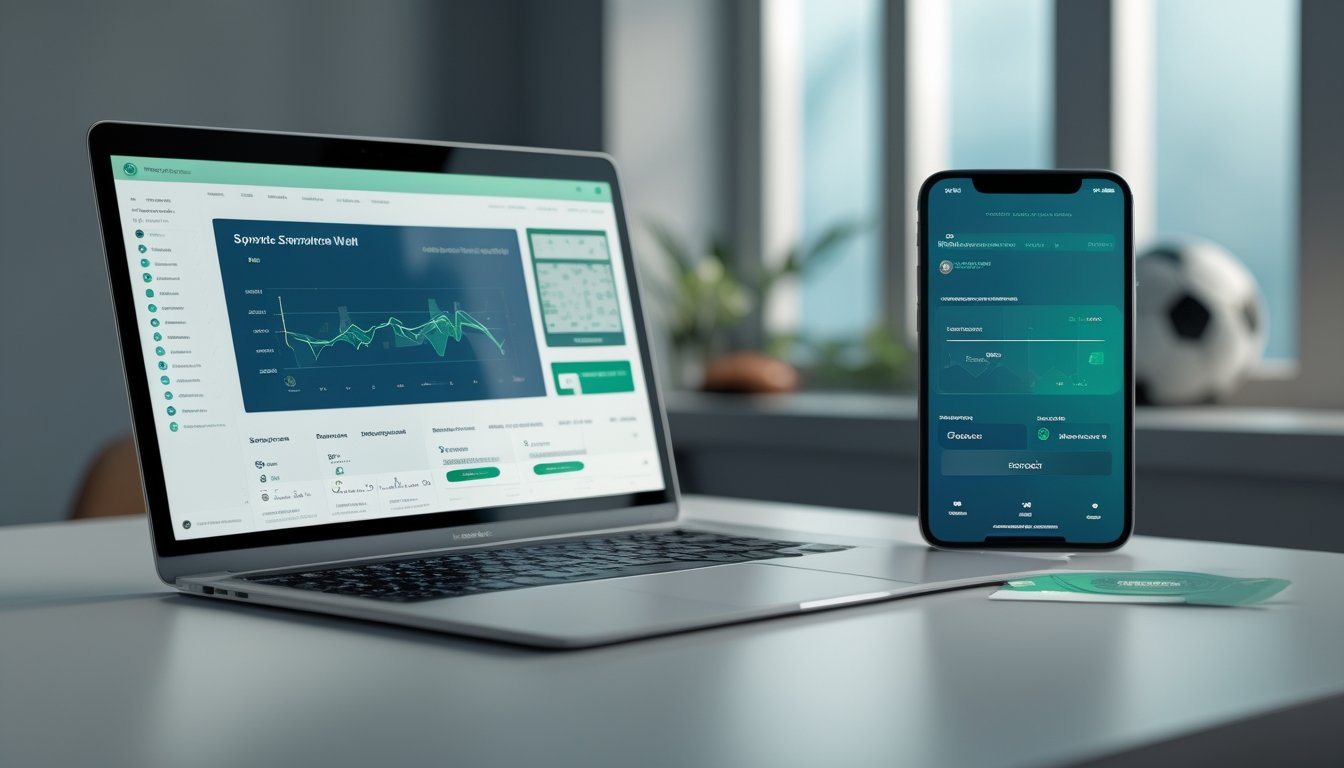 Laptop dan ponsel menampilkan antarmuka analisis olahraga dan dompet digital di atas meja modern.