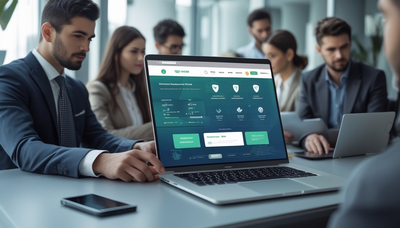 Profesional dewasa meninjau dasbor digital keamanan dan kepatuhan platform olahraga di kantor modern.