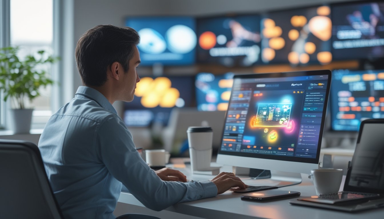 Seseorang menggunakan laptop dengan tampilan grafis olahraga di ruang kerja modern.