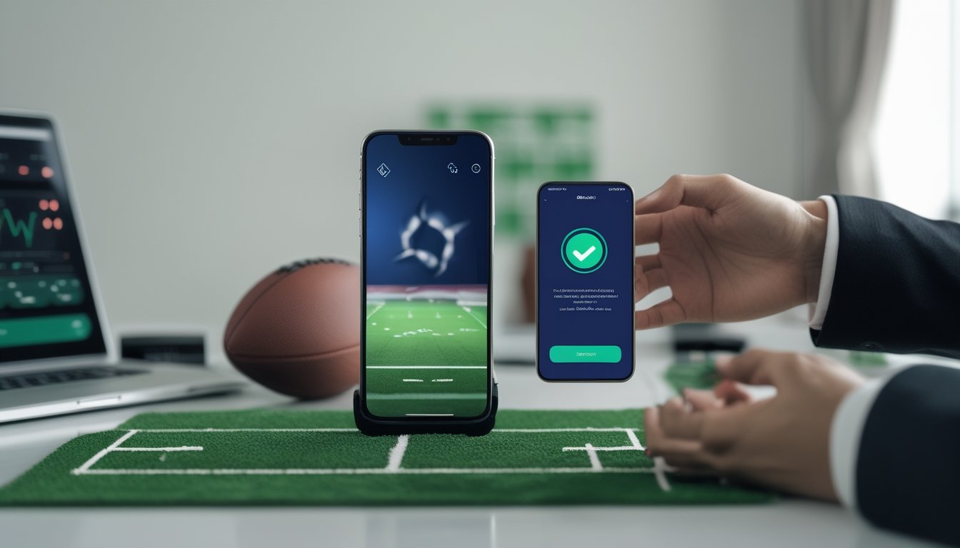 Ponsel dengan tampilan aplikasi olahraga dan pembayaran digital berada di samping bola sepak di meja kerja.