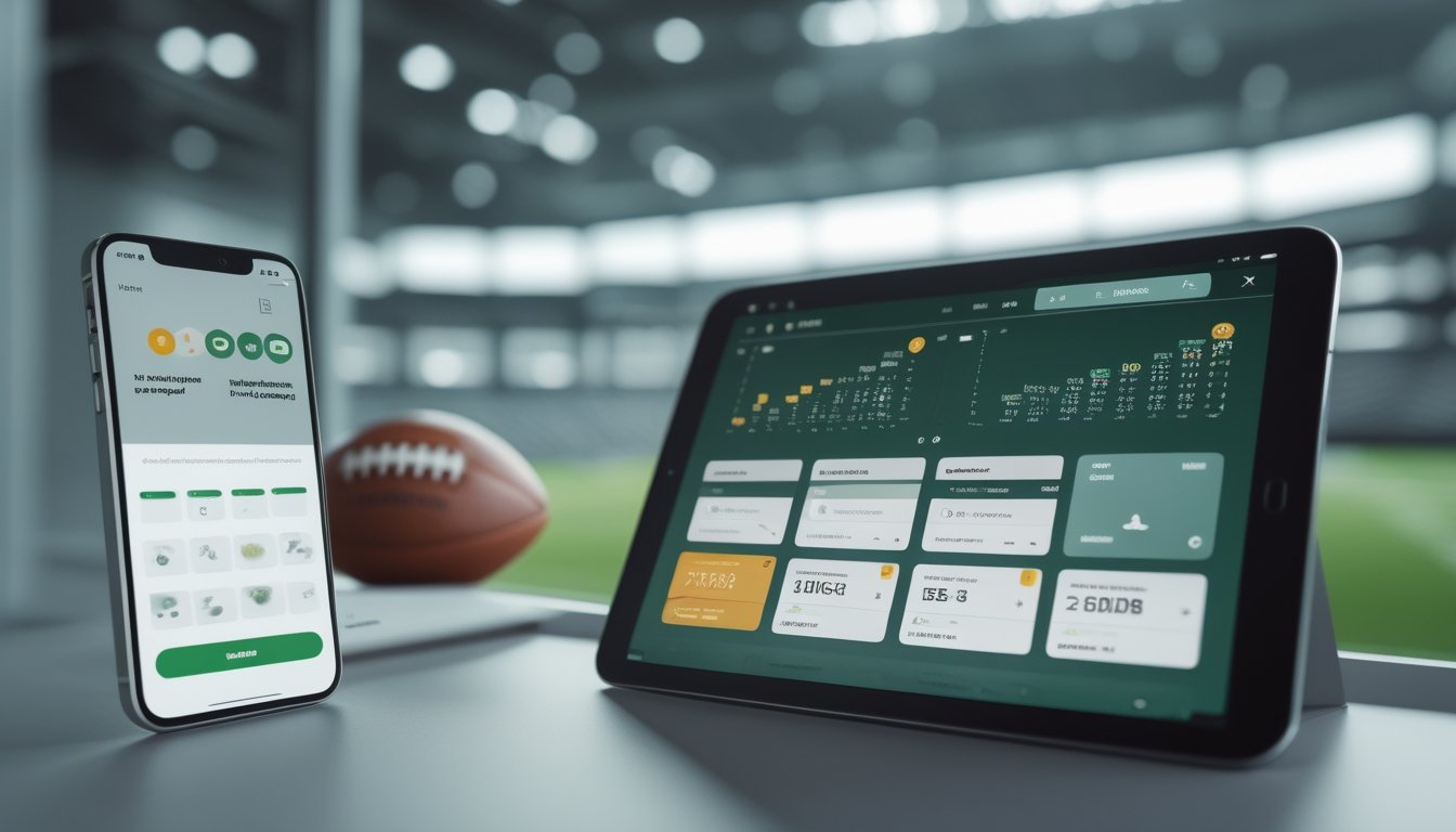 Ponsel dengan dompet digital abstrak dan tablet analisis pertandingan sepak bola di meja kerja modern.