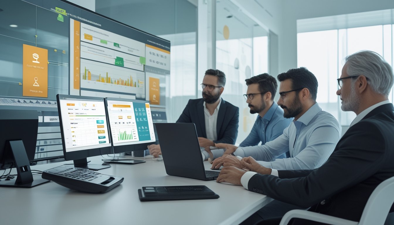 Sekelompok analis dewasa meninjau data taruhan olahraga secara bertanggung jawab di kantor modern.