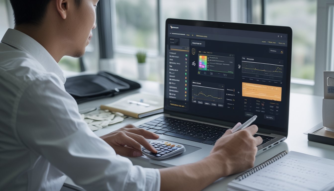 Seorang pemula mempelajari analisis pertandingan olahraga secara bertanggung jawab di meja kerja dengan laptop, catatan, kalkulator, dan anggaran.