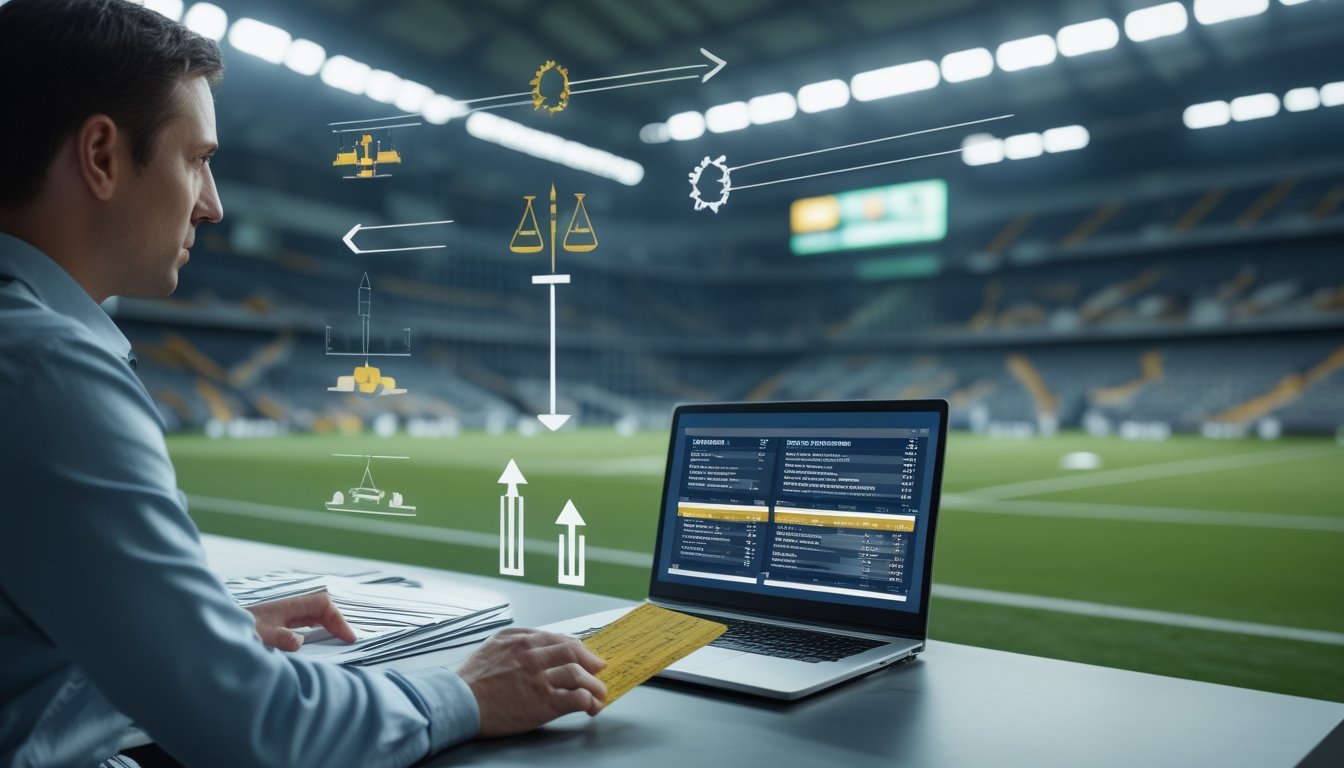 Seorang analis meninjau beberapa pilihan pertandingan olahraga dan simbol perbandingan di depan laptop.