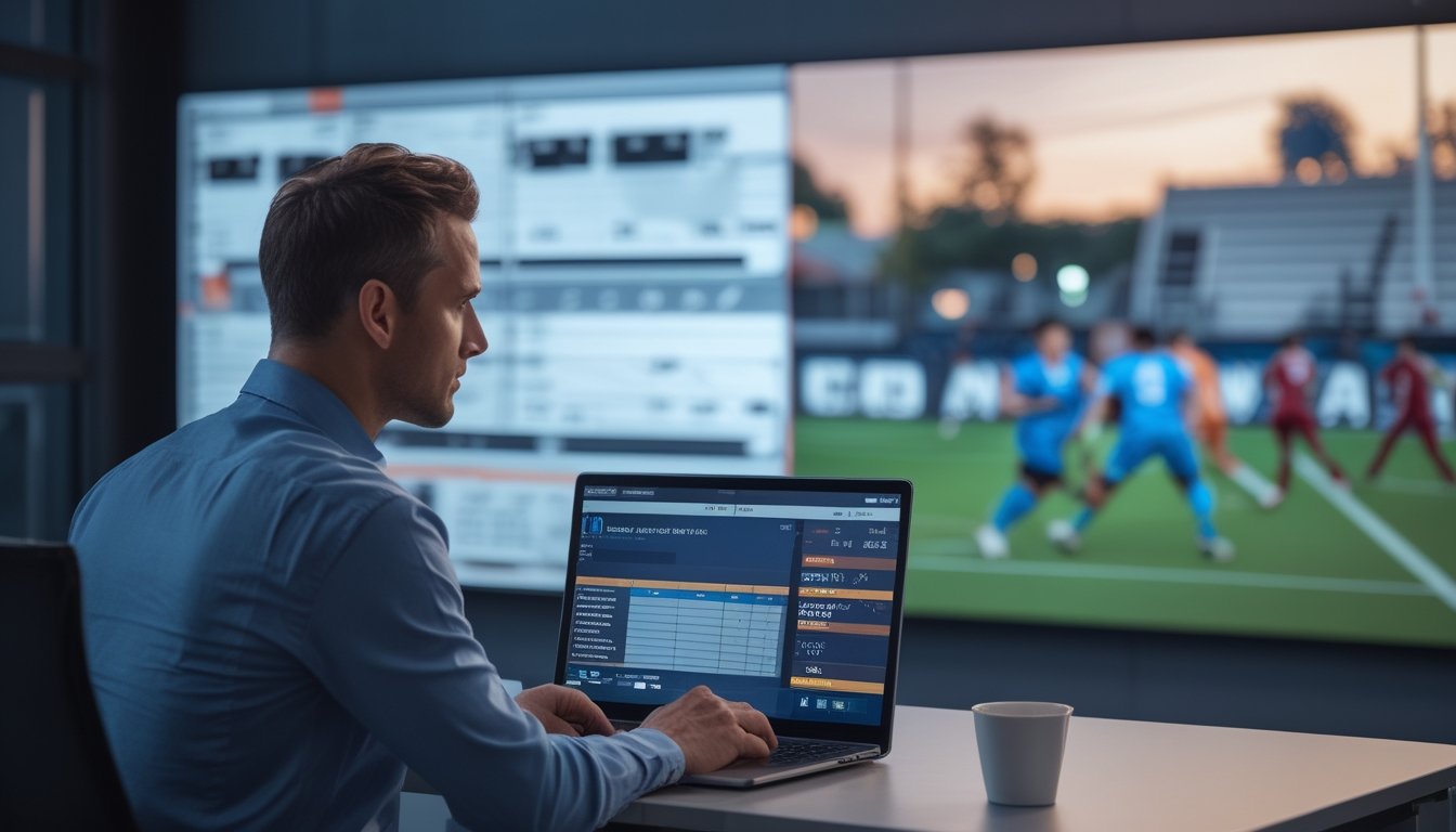 Seorang analis memantau pertandingan sepak bola jalanan secara langsung melalui laptop di ruang olahraga modern.