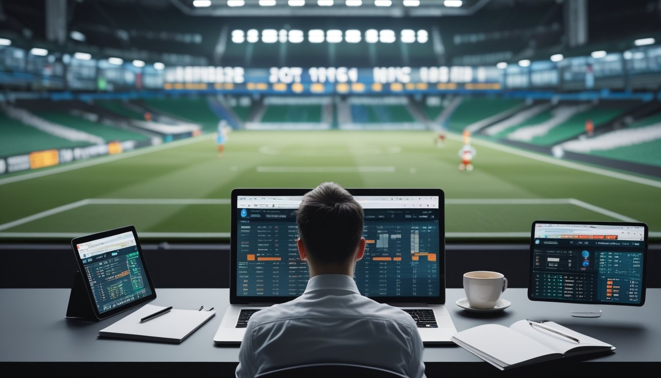 Seorang analis mempelajari pertandingan sepak bola dan data pertandingan langsung di laptop dan tablet.