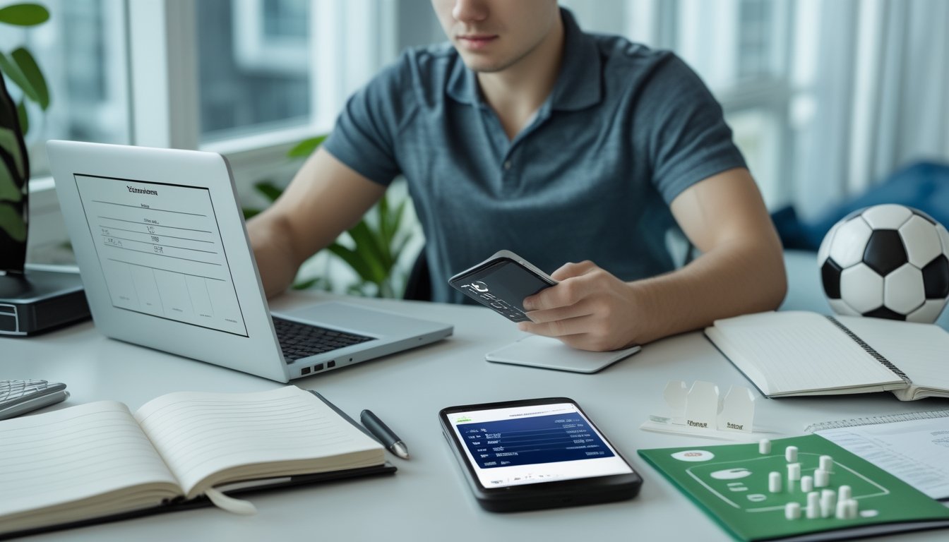 Seorang pemula mempelajari statistik pertandingan sepak bola di meja dengan laptop, buku catatan, kalkulator, dan bola kecil.