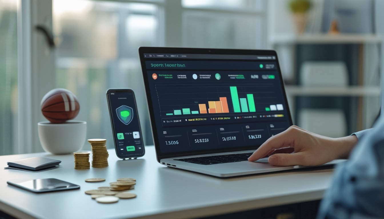 Meja kerja modern dengan laptop dan ponsel yang menampilkan grafik olahraga abstrak, disertai elemen sepak bola, bola basket, dan simbol keamanan digital.