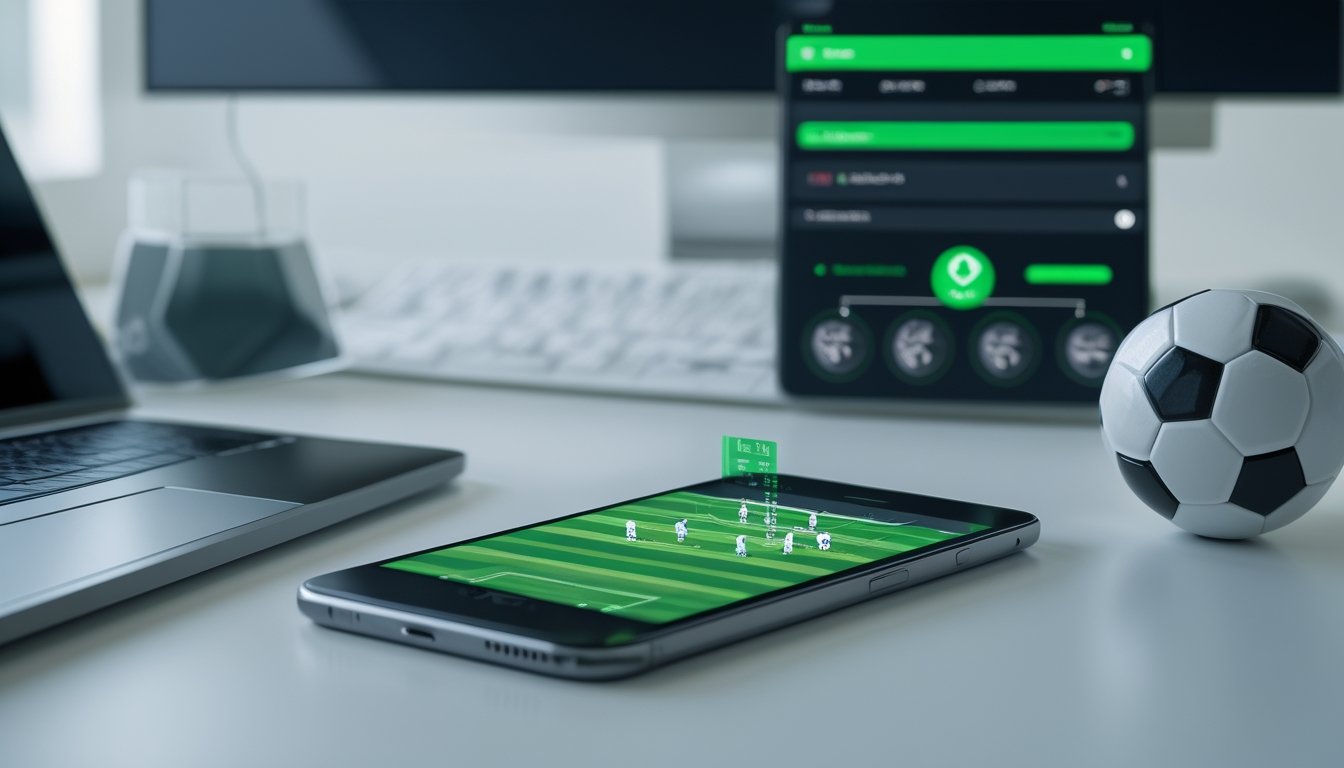 Smartphone dan laptop menampilkan visual pertandingan sepak bola abstrak di meja kerja modern, dengan ponsel lain dan bola sepak di dekatnya.