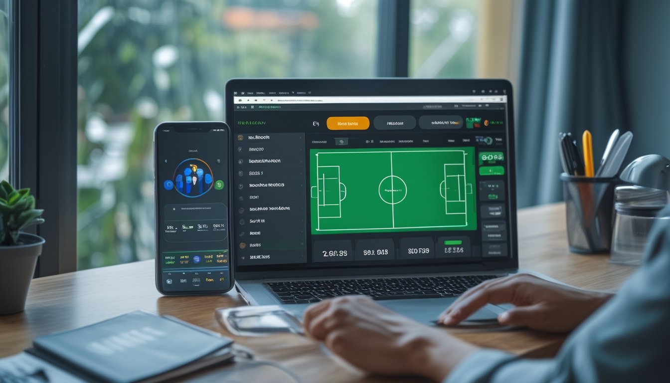 Meja kerja modern dengan ponsel dan laptop yang menampilkan visual abstrak pertandingan sepak bola serta konsep pembayaran digital.