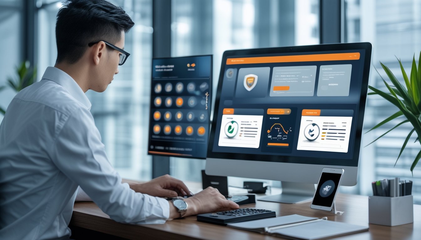 Seorang analis Indonesia membandingkan beberapa platform digital dengan indikator keamanan dan verifikasi di ruang kerja modern.