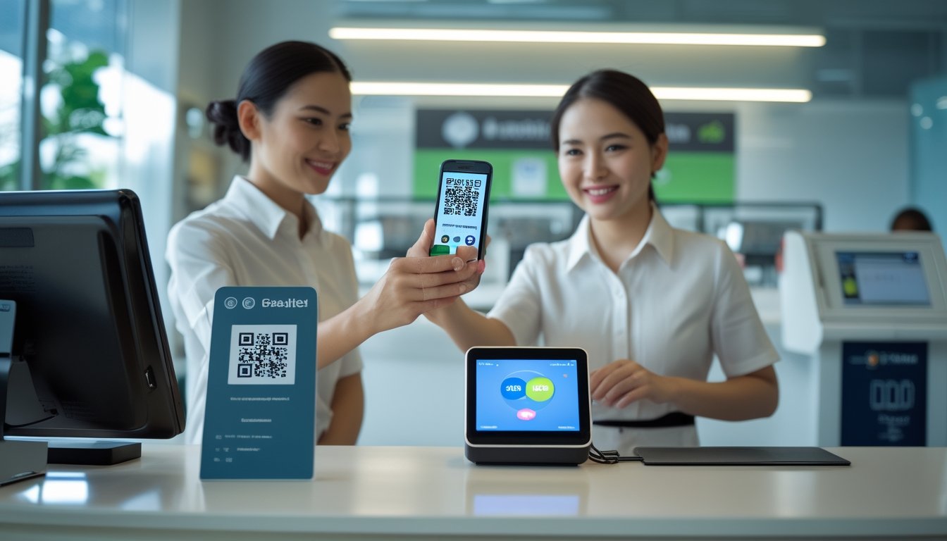 Pelanggan melakukan pembayaran digital dengan memindai kode QR menggunakan ponsel di meja kasir.