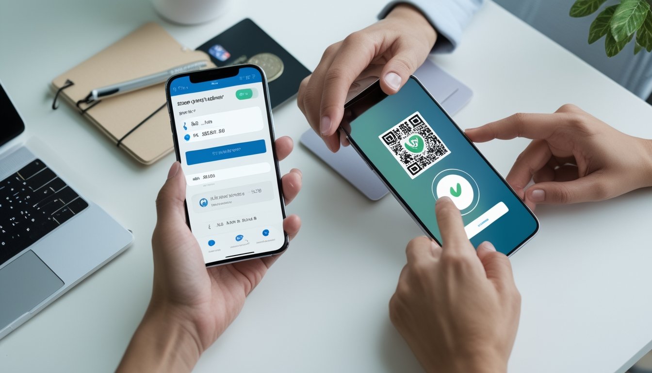 Tangan pengguna memeriksa pembayaran digital melalui ponsel dan kode QR di meja kerja.