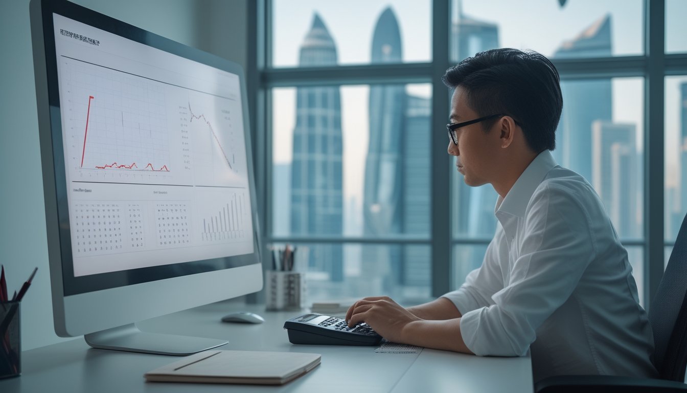 Seorang analis mempelajari grafik probabilitas dan angka di meja kerja modern dengan pemandangan kota di latar belakang.