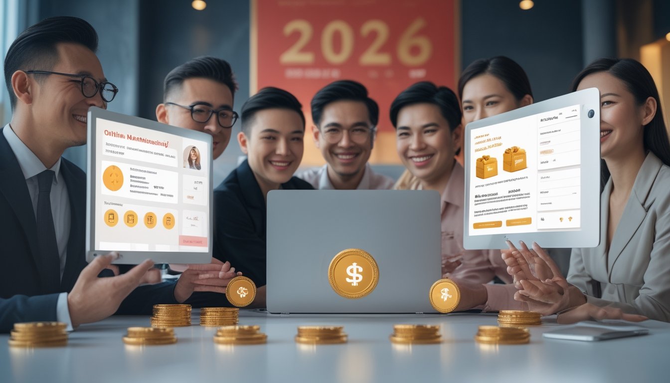 Sekelompok profesional dewasa melihat perangkat digital dengan ilustrasi hadiah dan manfaat keanggotaan.