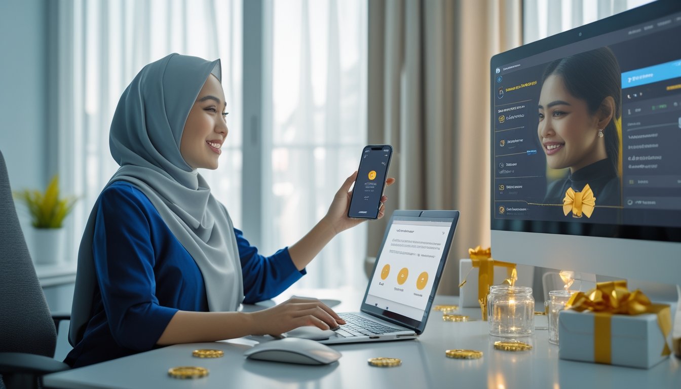 Seorang anggota baru memeriksa proses pendaftaran dan klaim bonus melalui ponsel dan laptop dengan bantuan layanan pelanggan.