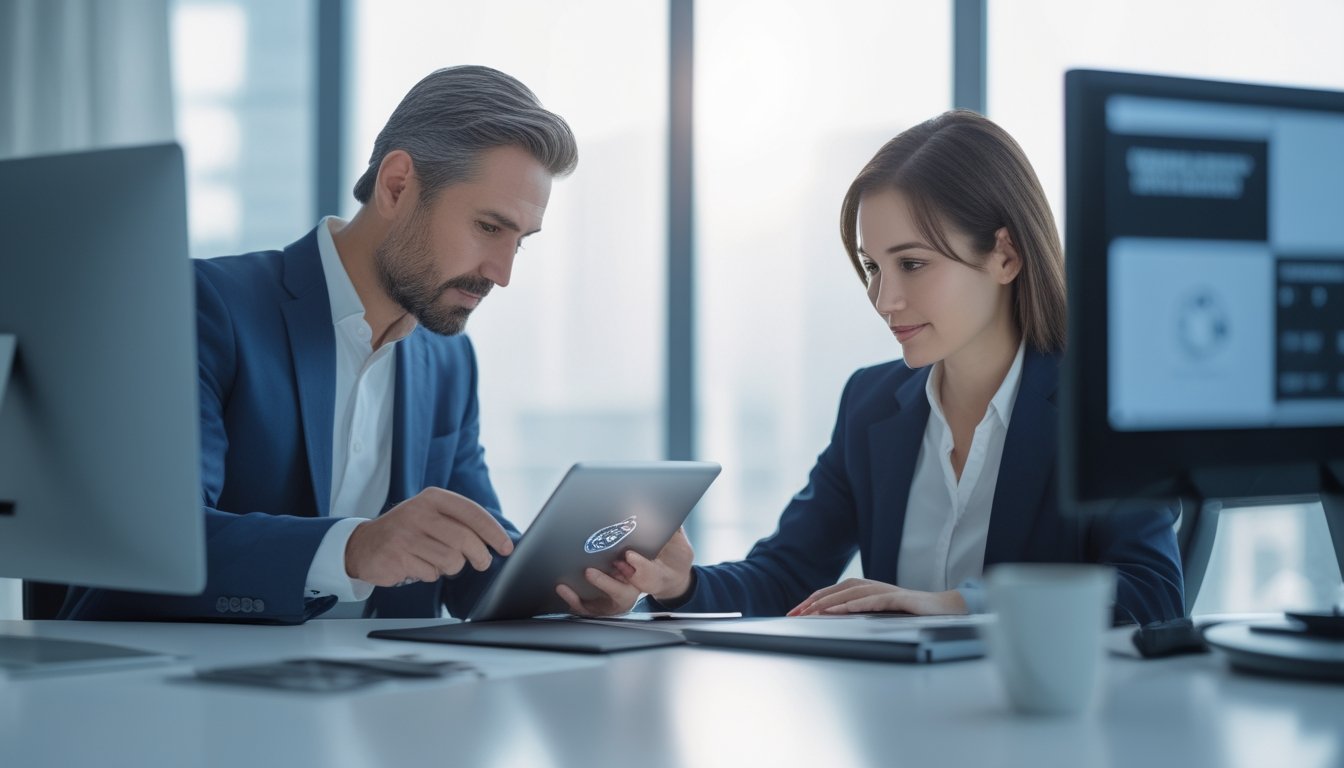 Dua profesional membandingkan dokumen dan keamanan digital di kantor modern.