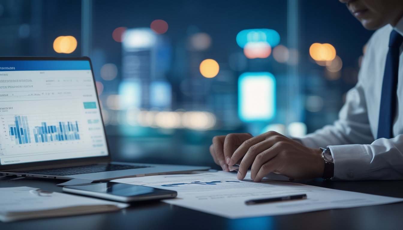Seorang analis memeriksa data abstrak di laptop dan ponsel pada meja kerja dengan cahaya kota malam di latar belakang.