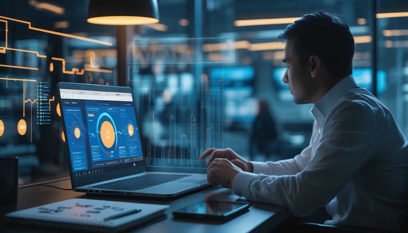 Seorang analis memeriksa informasi digital abstrak di laptop pada meja kerja pada malam hari.