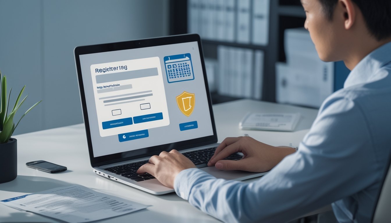 Orang dewasa mengisi formulir pendaftaran daring di laptop dengan dokumen identitas dan simbol verifikasi usia di meja.